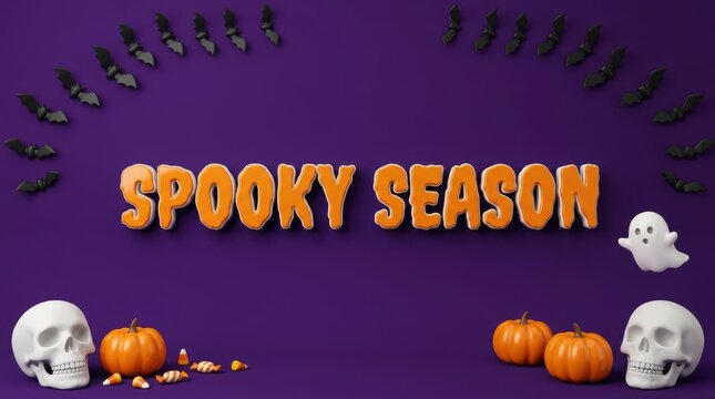 "Spooky Season" Purple Halloween Background with Skulls, Floating Ghost, and Bats Arch