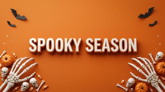 "Spooky Season" Orange Halloween Background with Skeleton Hands, Skulls, and Bats