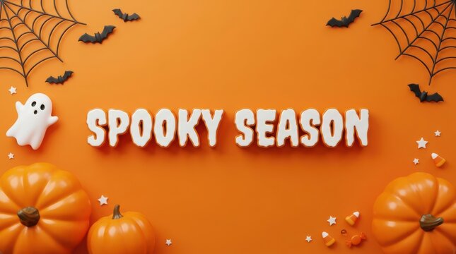 "Spooky Season" Orange Halloween Background with Pumpkins, Ghost, and Spider Webs