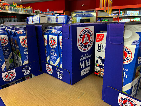 COLOGNE, GERMANY - AUGUST 23, 2026: B&auml;renmarke Long-Life UHT Milk Cartons in Supermarket