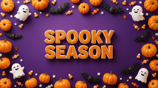 "Spooky Season" Purple Halloween Flat Lay Frame with Pumpkins, Ghosts, and Bats