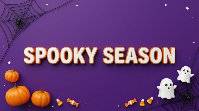 "Spooky Season" Purple Halloween Background with Ghosts, Pumpkins, and Spider Web