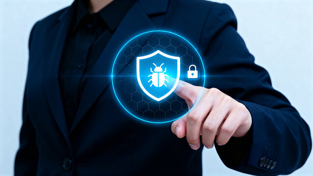 Enterprise AI Security Protection Businessman Touching Shield Icon. Risk Management Cybersecurity Technology. artificial intelligence governance compliance monitoring and cybersecurity defense control