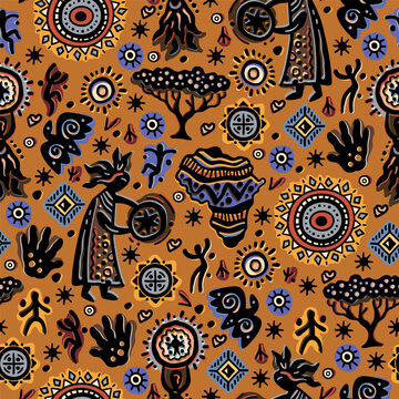African geometric seamless pattern with hand drawn symbols of Africa. Abstract ethnic background with ornament. Vector doodle Colorful ethnic motifs for textile print or cultural wallpaper design
