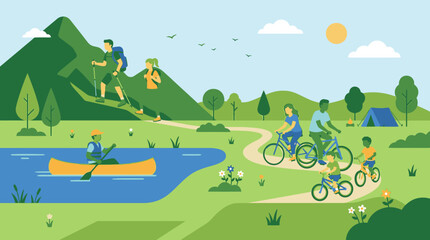 Obraz premium Flat vector illustration of people hiking, cycling and canoeing in nature