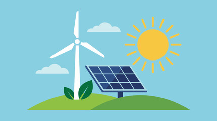 Obraz premium Renewable Green Energy Vector with Solar Panel and Wind Turbine