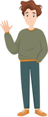 Fototapeta premium Young Friendly Man Waving Hand Gesture Vector Cartoon Character