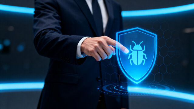 Enterprise AI Security Protection Businessman Touching Shield Icon. Risk Management Cybersecurity Technology. artificial intelligence governance compliance monitoring and cybersecurity defense control