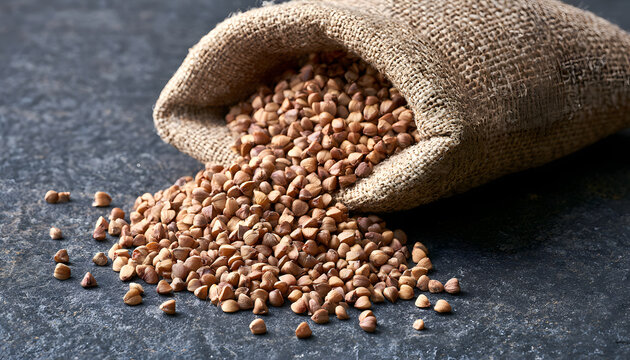 Buckwheat Groats Pouring From a Burlap Sack Laid on a Stone Texture Background in a Simple Digital Illustration for Food Packaging Design