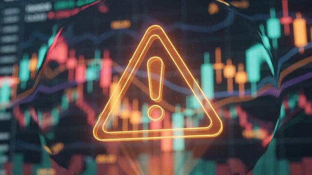 Glowing Neon Warning Icon Glitching Over Stock Market Candlestick Chart, Financial Risk and Market Crash Concept