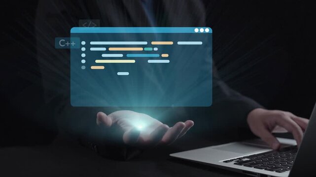 A professional demonstrating programming skills by holding a glowing code snippet interface above a laptop. The image showcases modern technology and coding languages. Qubit