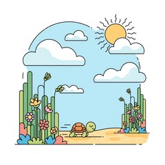 Naklejka premium Cute Turtle Walking in a Sunny Meadow with Flowers and Clouds.