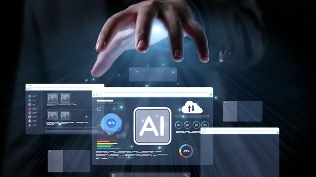 A hand reaches towards floating digital screens showcasing artificial intelligence data and modern user interfaces, illustrating the intersection of technology and human interaction. Qubit
