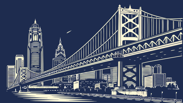 Philadelphia skyline vector illustration with city bridge