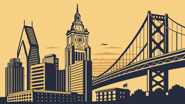 Philadelphia skyline vector with urban buildings and bridge