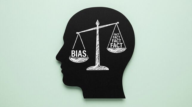 Conceptual illustration of human brain decision making process with scale weighing bias against facts inside silhouette head