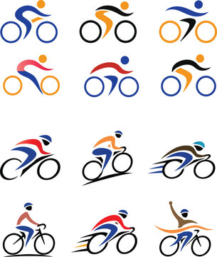 Set of 12 stylized cyclist silhouettes isolated on white background in vibrant colors blue, orange, red, black. Top rows abstract minimalist riders with flowing shapes, bottom rows detailed road cycli