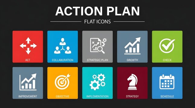 Action plan flat icons for business strategy and growth