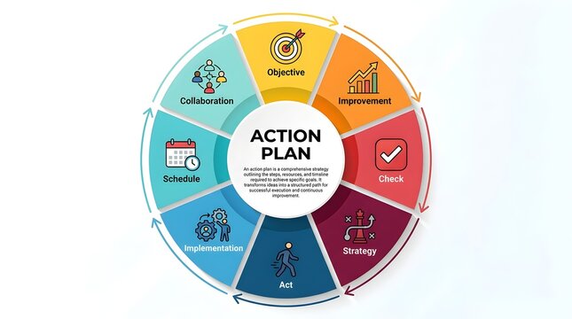 Action plan infographic with colorful segments and icons