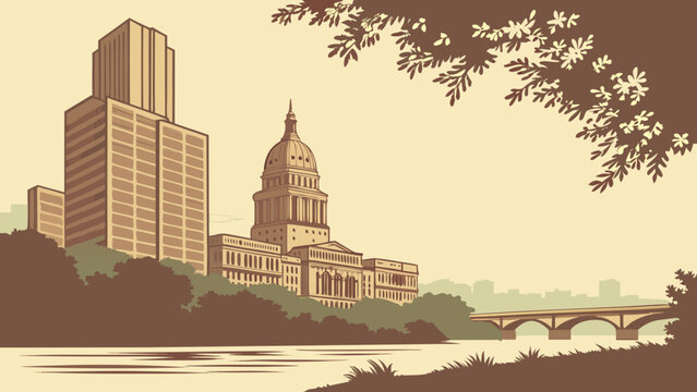 Austin skyline vector featuring state capitol building and river