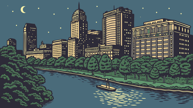Austin skyline vector illustration with river and boat at night