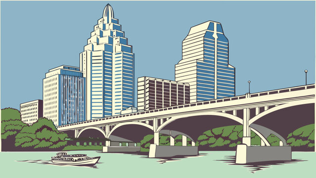 Austin skyline vector illustration with bridge and river