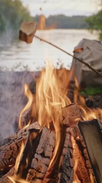 Vertical shot of marshmallow roasting on stick over burning campfire near lake. Footage is ideal for outdoor recreation marketing and camping gear promotions