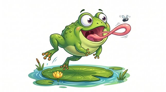 Chubby Green Frog's Funny Adventure Catching a Buzzing Fly on a Sunny Lily Pad