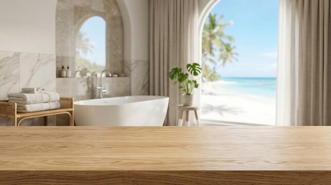 Empty Wooden Tabletop Backdrop for Product Mockup in Luxury Tropical Bathroom with Beach View and Sunlit Spa Interior Room