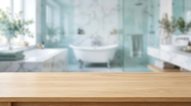 Empty Wooden Table Top for Product Display Mockup in Luxury Blurred Bathroom Spa Interior with Bathtub and Marble Wall