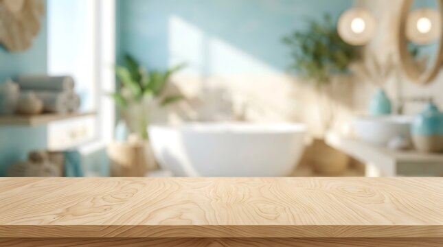 Empty Wooden Countertop in Minimalist Blurred Modern Bathroom Interior Background for Product Presentation Display Room