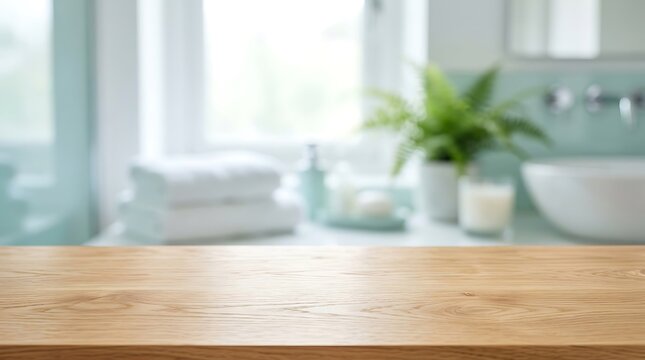 Empty wooden table top in blurred modern bathroom background for product display placement presentation for website.