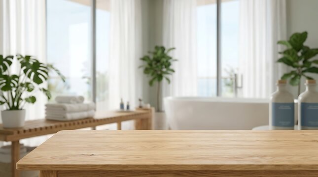 Wooden Table Foreground with Minimalist Blurred Bathroom Interior Background for Product Mockup Display and Spa Scene