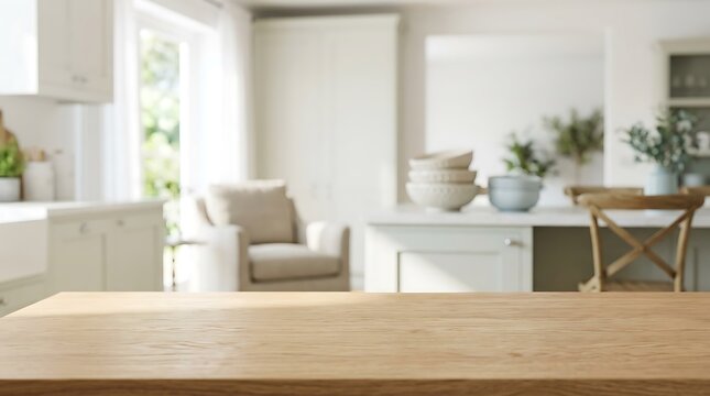 Empty Wooden Tabletop with Blurred Modern Kitchen Background for Product Placement Display Mockup and Interior Design