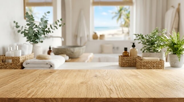 Empty Wood Table in Luxury Spa Bathroom with Ocean Beach View Window for Natural Cosmetics Product Background Display.