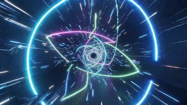 Vibrant neon light streaks form a fast-paced tunnel vortex in a dark, high-tech digital space
