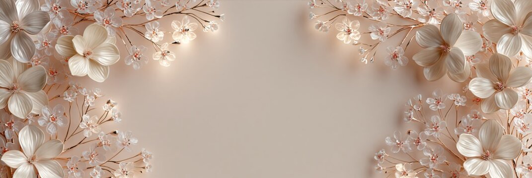 Elegant white flowers forming vertical border on nude background. White flowers and branches with soft lighting creating an elegant decorative border on a plain background