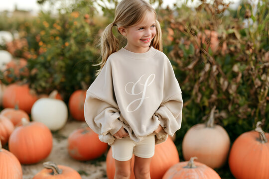 mock-up of little girl in pig tails, she is wearing an oversized beige sweatshirt. The background is a pumpkin patch