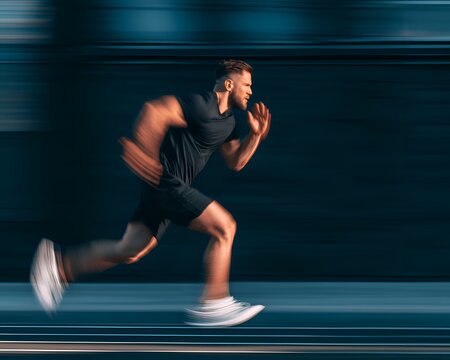 Athletic man in black sportswear running fast with motion blur effect on dark background