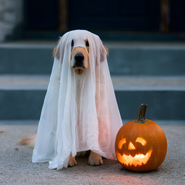 A golden retriever dog dressed in a ghostly white sheet costume reclines next to a flickering Halloween pumpkin, poised for trick or treating.