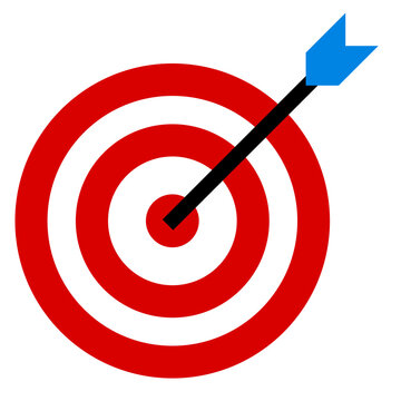 arrow hitting target icon illustration template design, target and arrow symbol vector isolated on white background indicating accomplishment, achievement, winning, bullseye, objective achieving