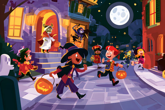 Vector illustration depicting a vibrant scene of children in costume while trick-or-treating