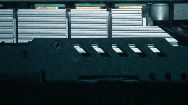 Close-up of computer graphics card cooling system and metal casing