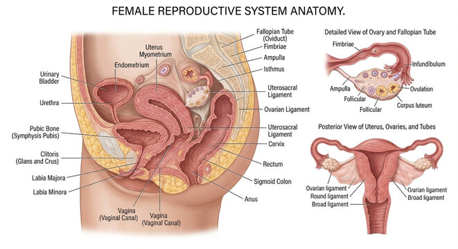Female reproductive system anatomy medical diagram showing sagittal view, detailed ovary and fallopian tube close-up, and posterior view of uterus and ovaries with labels