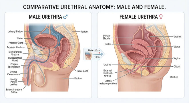 Comparative urethral anatomy medical diagram showing male and female urinary system differences, urethra lengths, and pelvic structures with labels