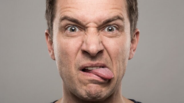 Portrait of a Middle Aged Man Making a Funny Silly Face with His Tongue Out Showing a Disgusted Expression