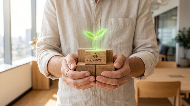 A person holds wooden blocks labeled "BIO-GROWTH SUSTAINABLE CAPITAL" with a glowing green sprout growing on top, symbolizing eco-friendly investment and green business growth.