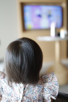 テレビを見つめる幼児の後ろ姿。1歳児の子ども。屋内。
