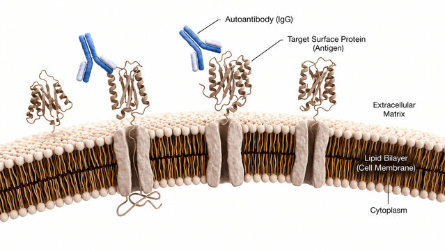 Medical Illustration of Autoantibodies Binding to Target Surface Proteins on Lipid Bilayer Cell Membrane