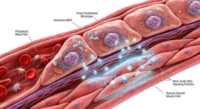 3D Diagram of Nitric Oxide Signaling and Vasodilation in Healthy Endothelial Monolayer and Vascular Smooth Muscle